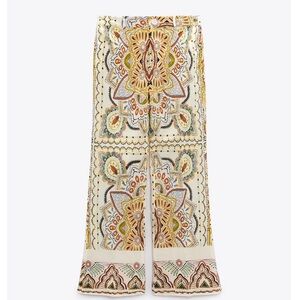 Zara Printed Linen Blend Wide Leg Pants - Boho Paisley Mandala - Sz Large